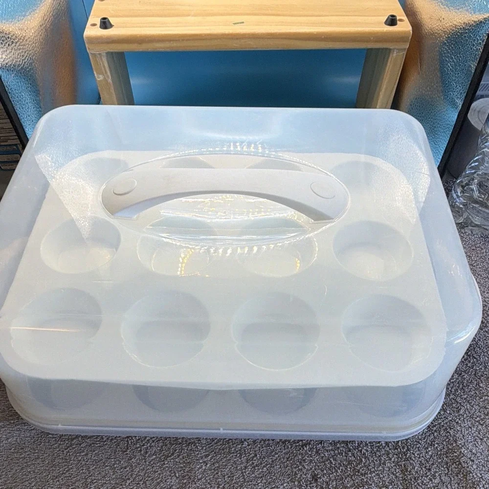 24-Cup Non-Stick Muffin Pan w/ Lid Carrier Dome Handle, Gray/White Set